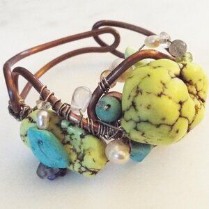 ARTIST OOAK CHARTREUSE GREEN STONE, TURQUOISE, REAL PEARLS COPPER BRACELET F